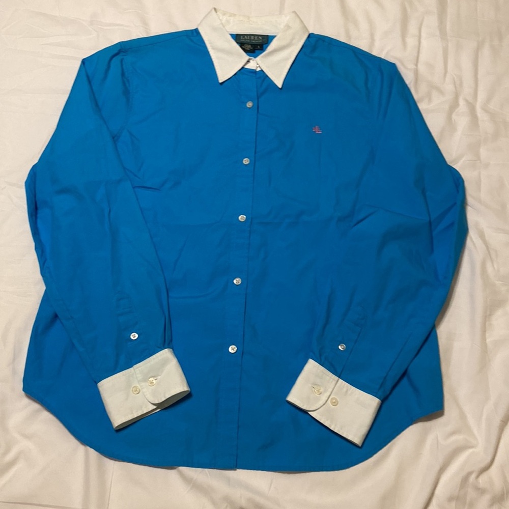 Womens Ralph Lauren VTG Turquoise Button-Down Shirt White Collar & Cuffs Size L - Picture 10 of 14